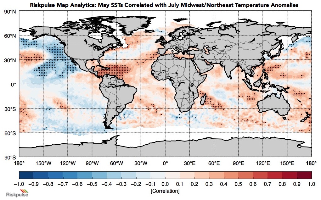 Riskpulse map analytics may sea surface temperatures sst correlated with july midwest northeast temperature anomalies