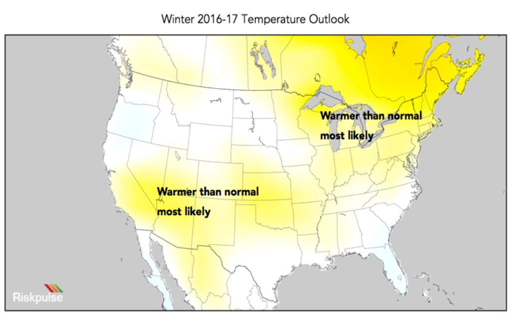 Winter 2016 - 2017 Temperature Outlook Map of US