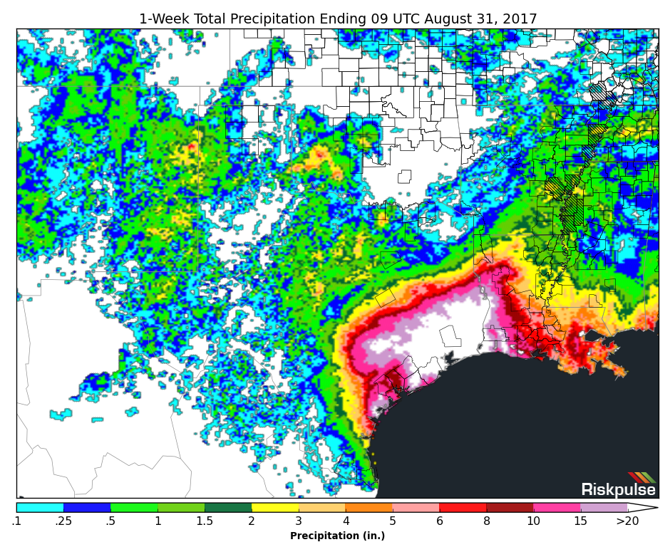 1 Week Precipitation Totals Hurricane Harvey Houston