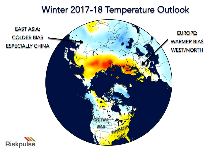 Northern Hemisphere December 2017 to February 2018 Winter Temperature Forecast